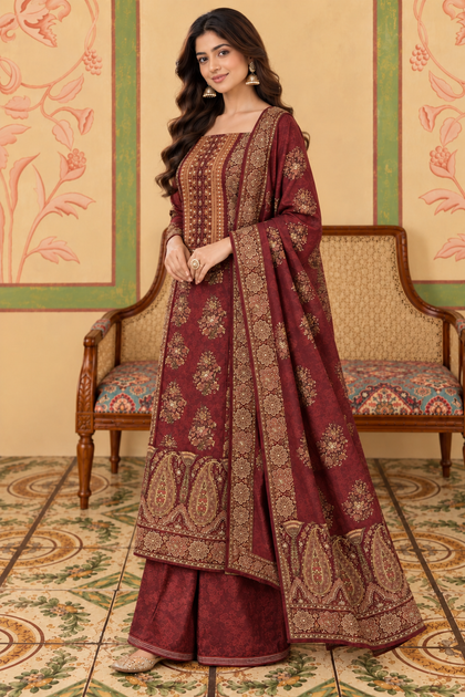 Maroon Velvet Printed Unstitched Suit Material