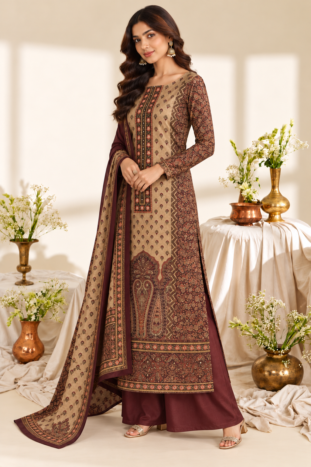 Wine Velvet Digital Printed Unstitched Suit Fabric