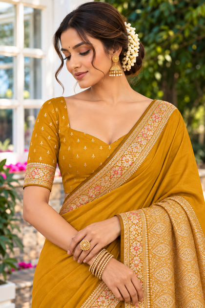 Mustard Cotton Silk Woven Saree