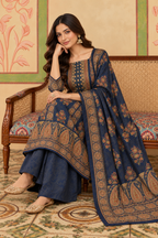 Navy Velvet Printed Unstitched Suit Material