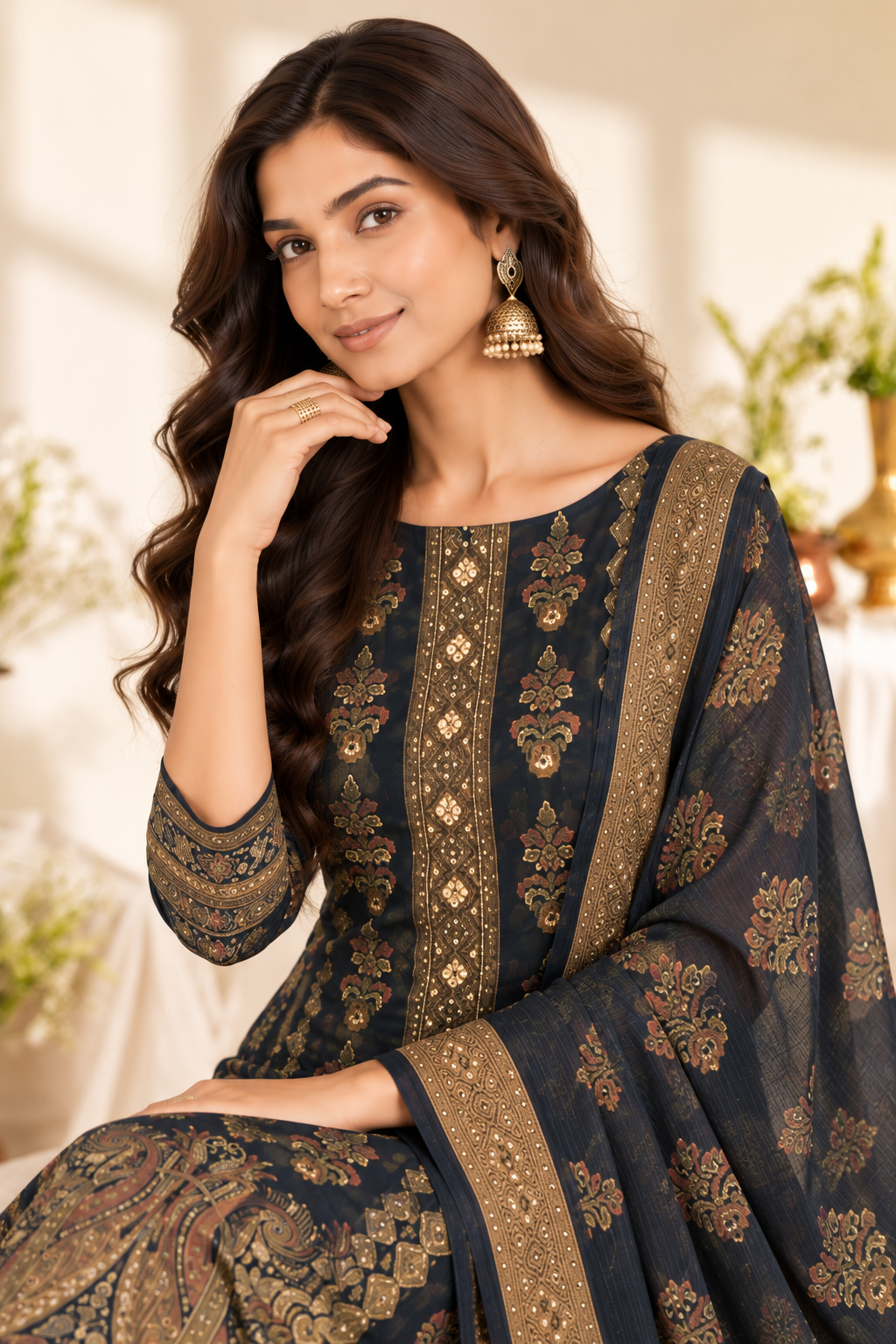 Navy Digital Printed Velvet Unstitched Suit Fabric