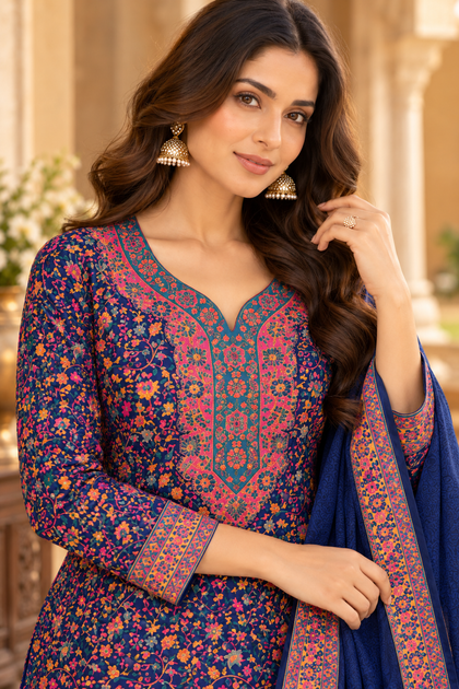Navy Blue Pashmina Resham Woven Unstitched Suit Material