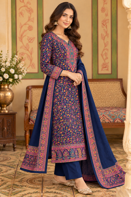 Navy Blue Pashmina Resham Woven Unstitched Suit Material