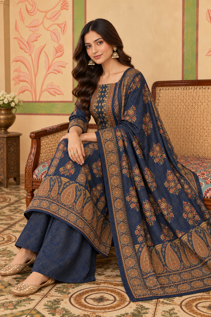 Navy Velvet Printed Unstitched Suit Material