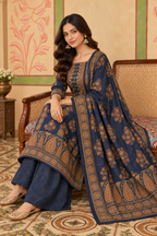 Navy Velvet Printed Unstitched Suit Material