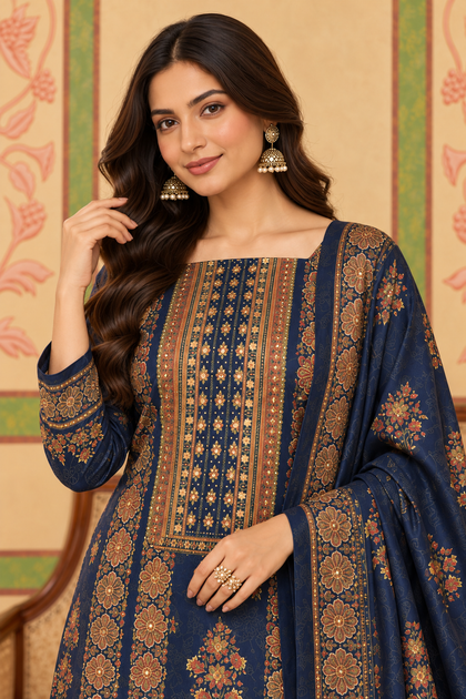 Navy Velvet Printed Unstitched Suit Material