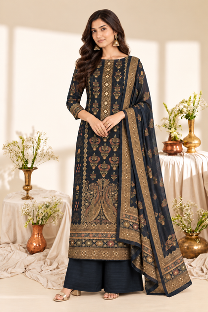Grey Digital Printed Velvet Unstitched Suit Fabric
