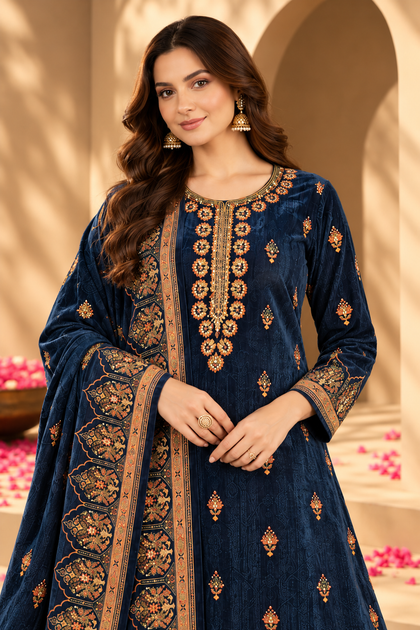 Navy Color Velvet Digital Printed Unstitched Suit Material