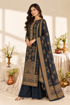 Navy Digital Printed Velvet Unstitched Suit Fabric