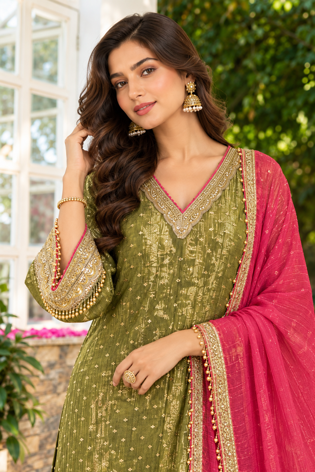 Sage Green Salsa Tissue Zari Woven And Embroidered Unstitched Suit Material
