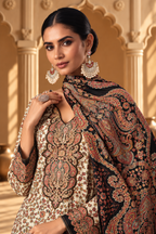 Beige & Black Pashmina Floral Digital Printed Unstitched Suit Material