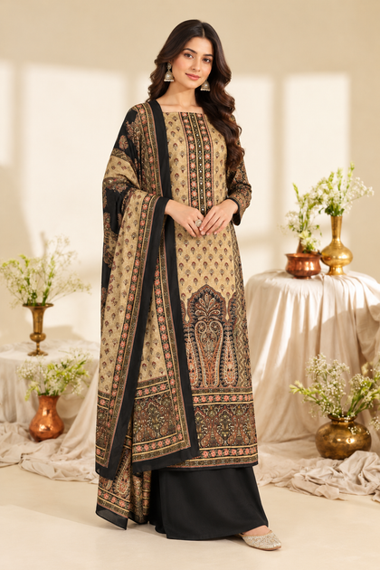 Black Velvet Digital Printed Unstitched Suit Fabric