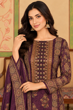 Wine Velvet Printed Unstitched Suit Material
