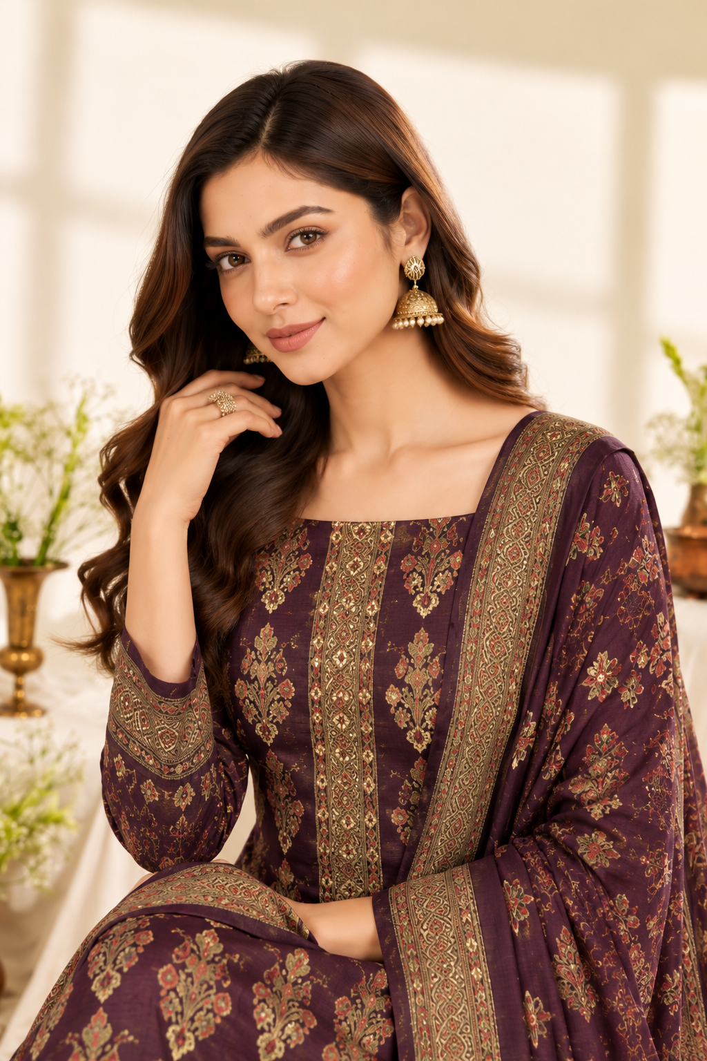 Wine Digital Printed Velvet Unstitched Suit Fabric