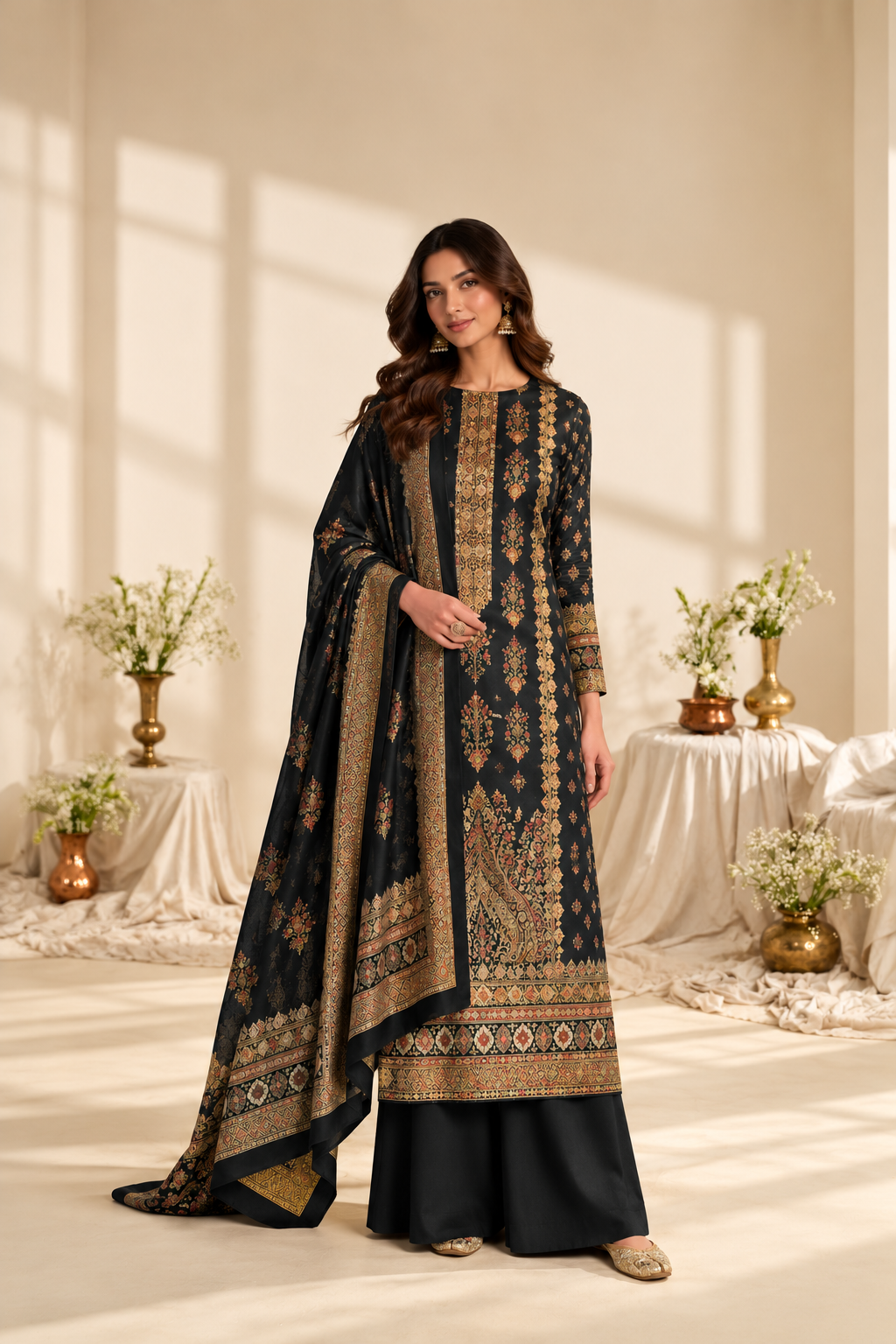 Grey Digital Printed Velvet Unstitched Suit Fabric