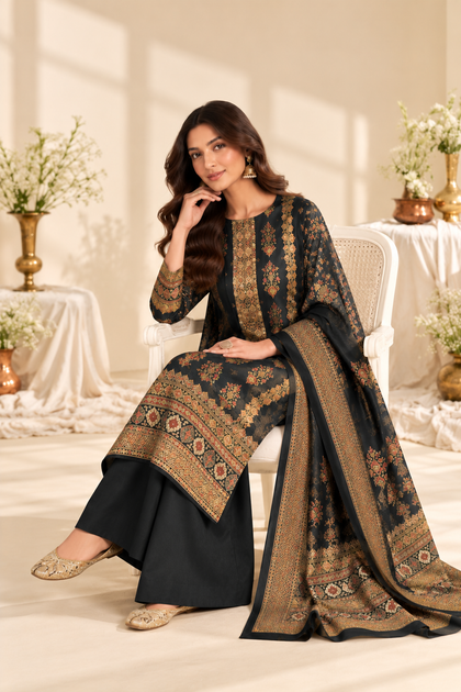 Grey Digital Printed Velvet Unstitched Suit Fabric