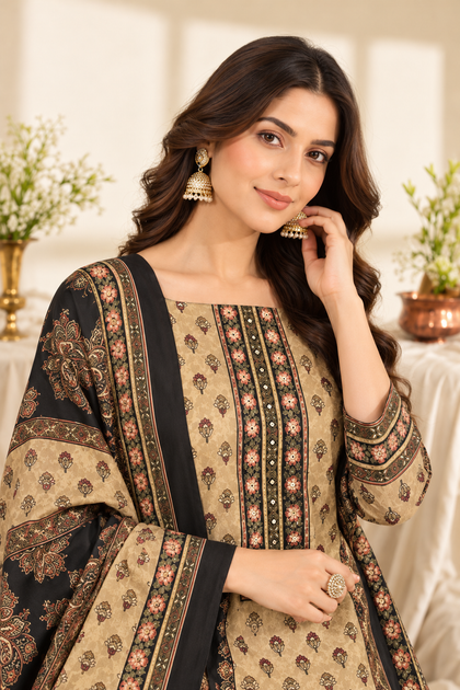 Black Velvet Digital Printed Unstitched Suit Fabric