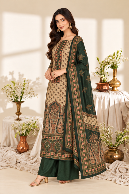 Botle Green Velvet Digital Printed Unstitched Suit Fabric