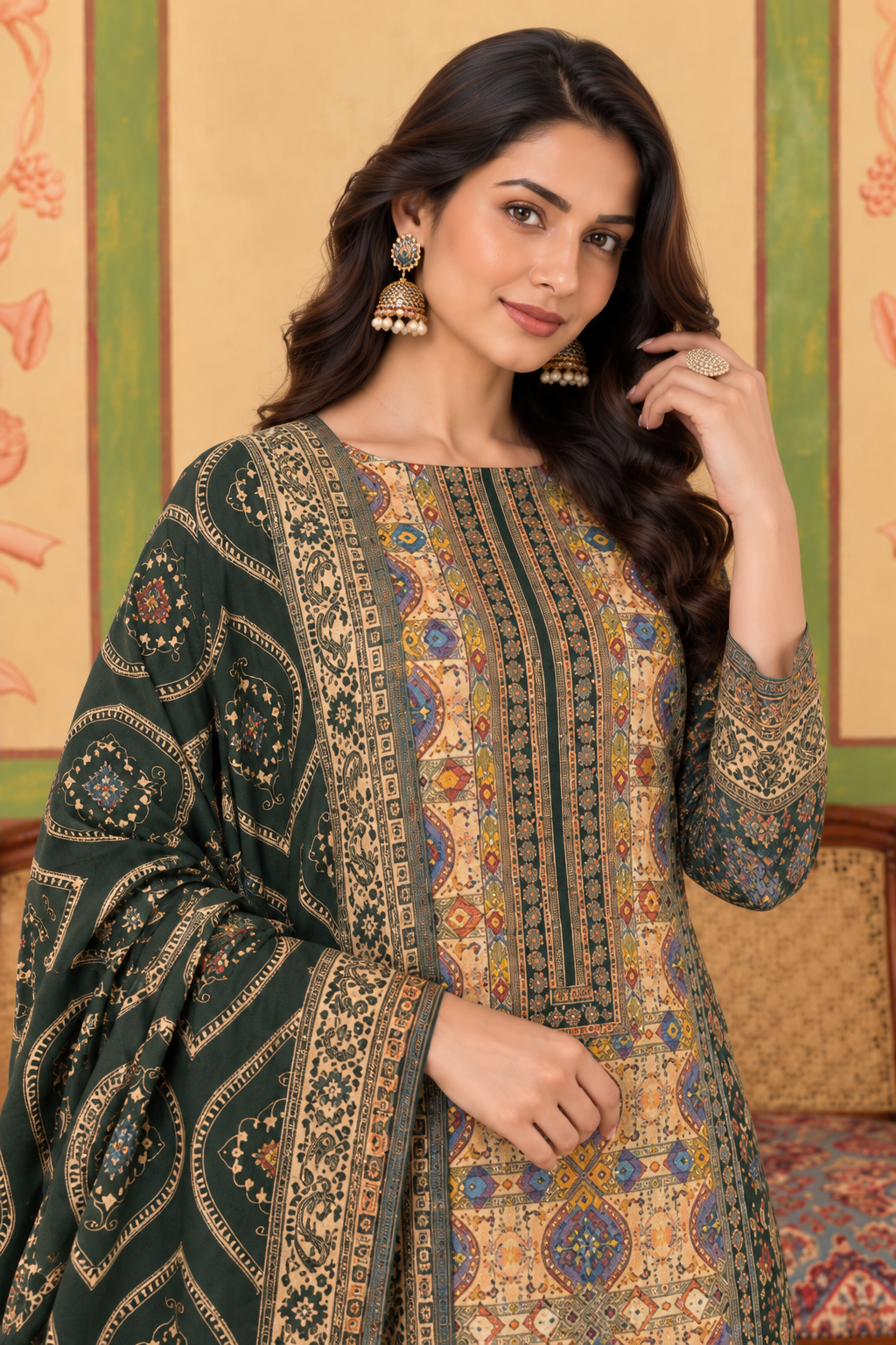 Bottle Green Resham Woven Pashmina Unstitched Suit Material