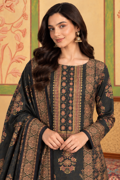 Bottle Green Velvet Printed Unstitched Suit Material