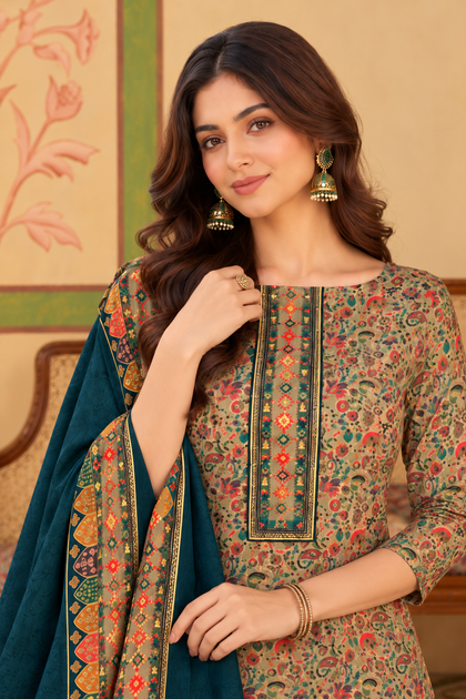 Bottle Green Floral Resham Woven Pashmina Unstitched Suit Material