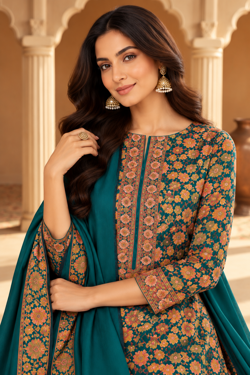 Teal Floral Resham Woven Pashmina Unstitched Suit Fabric