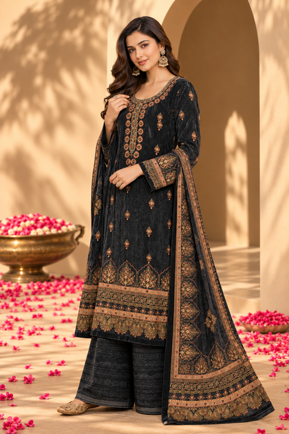 Grey Color Velvet Digital Printed Unstitched Suit Material