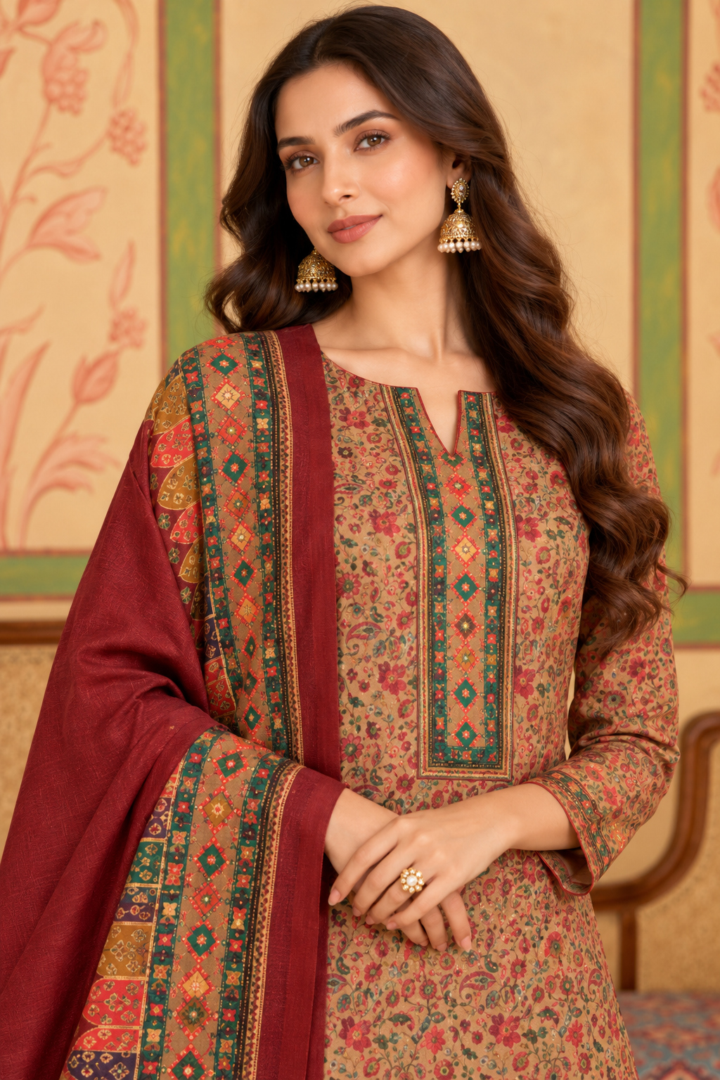 Maroon Floral Resham Woven Pashmina Unstitched Suit Material