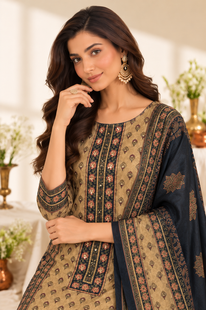 Navy Velvet Digital Printed Unstitched Suit Fabric