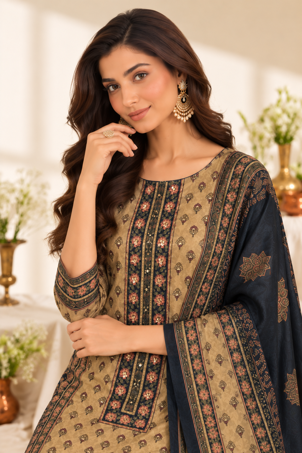 Navy Velvet Digital Printed Unstitched Suit Fabric