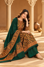 Bottle Green Floral Resham Woven Pashmina Unstitched Suit Fabric