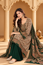 Beige & Green Pashmina Floral Digital Printed Unstitched Suit Material