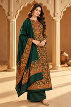 Bottle Green Floral Resham Woven Pashmina Unstitched Suit Fabric