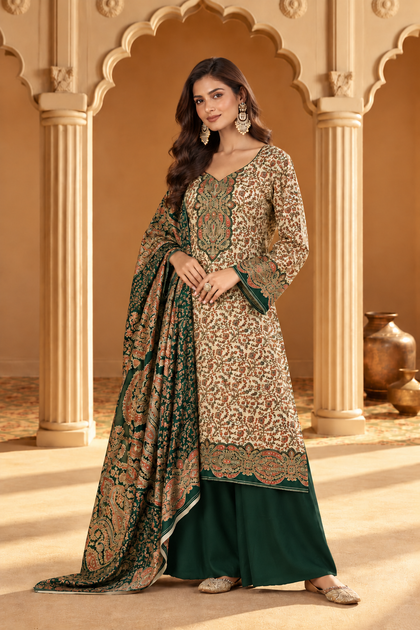 Beige & Green Pashmina Floral Digital Printed Unstitched Suit Material