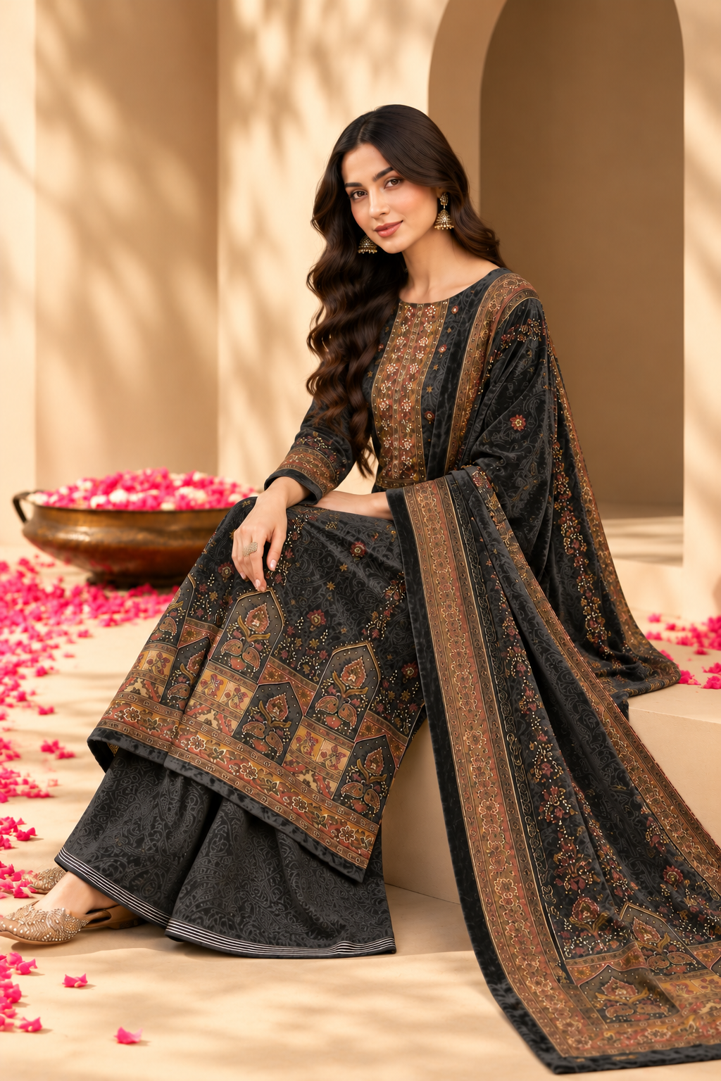 Grey Velvet Digital Printed Unstitched Suit Fabric