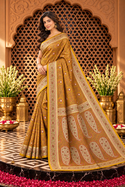 Mustard Mulbary Banarasi Silk Woven Saree