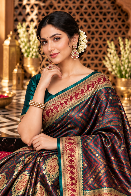 Teal Mulbary Banarasi Silk Woven Saree