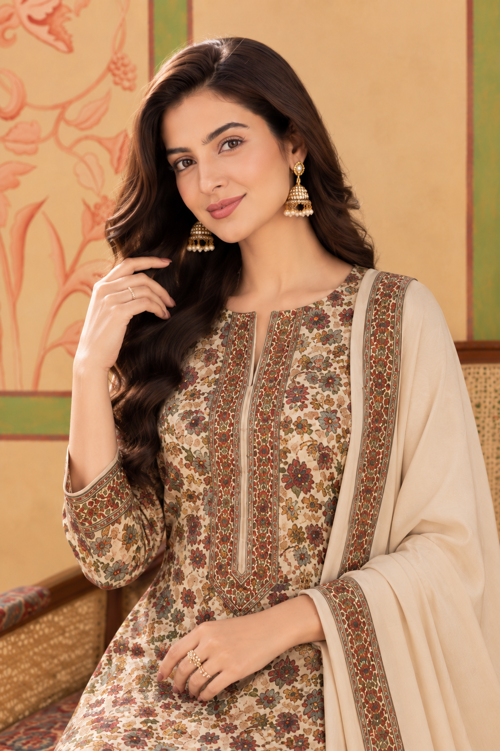 Cream Floral Resham Woven Pashmina Unstitched Suit Fabric
