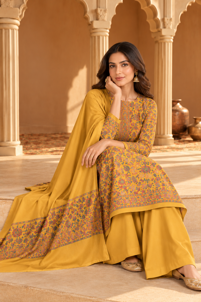 Mustard Floral Resham Woven Pashmina Unstitched Suit Fabric