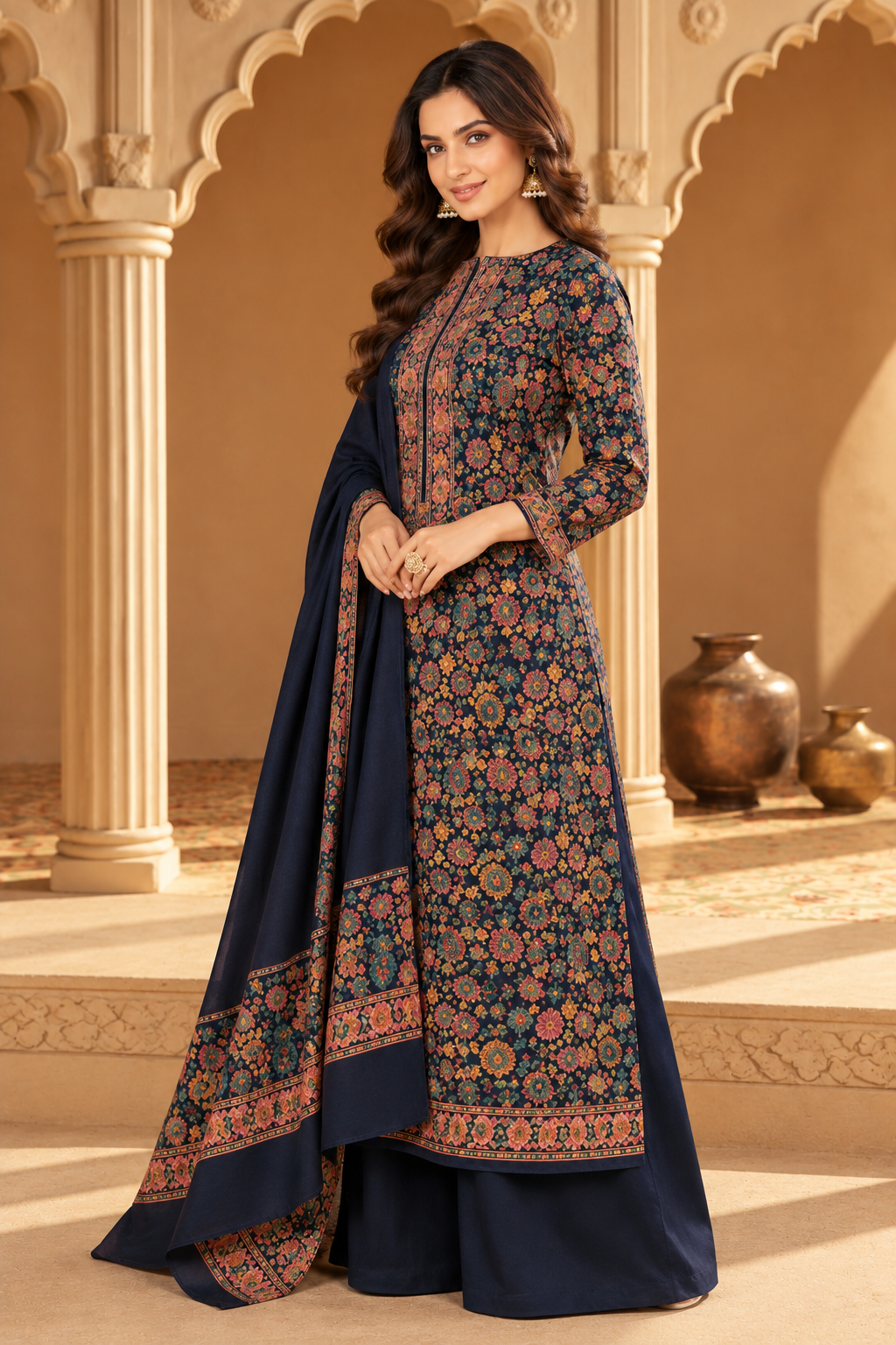 Navy Floral Resham Woven Pashmina Unstitched Suit Fabric