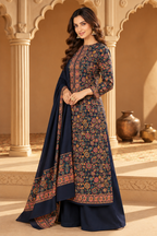 Navy Floral Resham Woven Pashmina Unstitched Suit Fabric