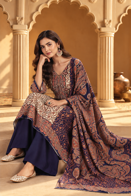 Beige & Navy Pashmina Floral Digital Printed Unstitched Suit Material