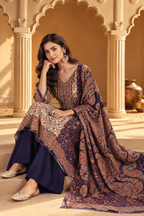 Beige & Navy Pashmina Floral Digital Printed Unstitched Suit Material