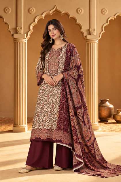 Beige & Wine Pashmina Floral Digital Printed Unstitched Suit Material
