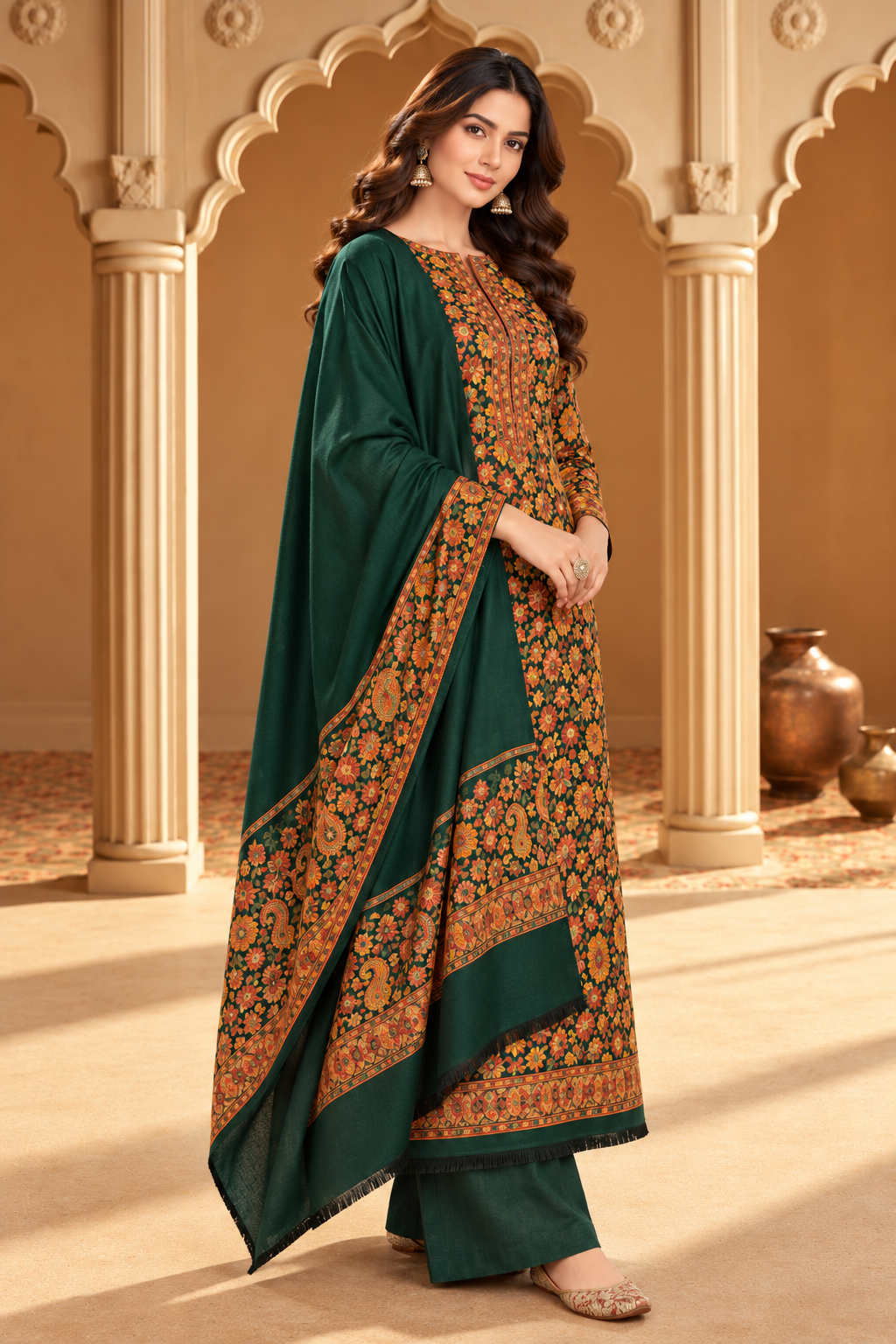 Bottle Green Floral Resham Woven Pashmina Unstitched Suit Fabric
