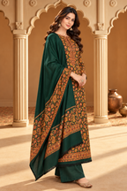 Bottle Green Floral Resham Woven Pashmina Unstitched Suit Fabric