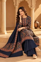 Navy Floral Resham Woven Pashmina Unstitched Suit Fabric