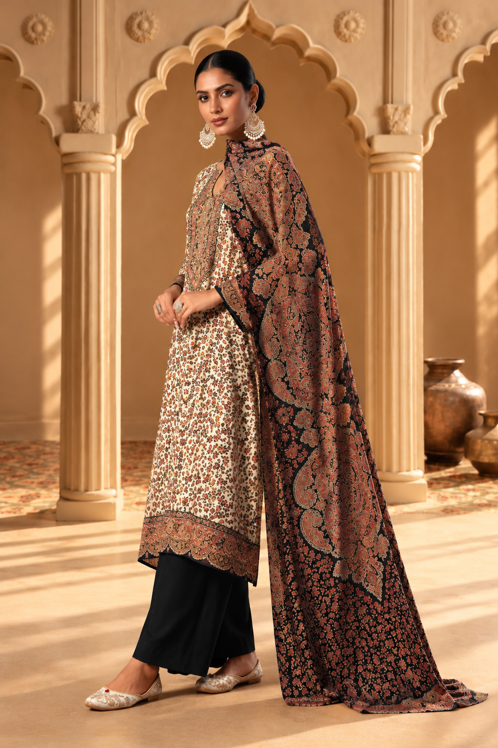 Beige & Black Pashmina Floral Digital Printed Unstitched Suit Material