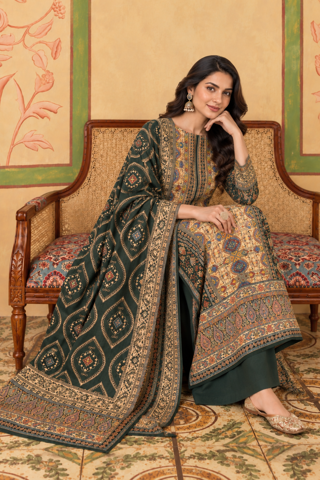 Bottle Green Resham Woven Pashmina Unstitched Suit Material