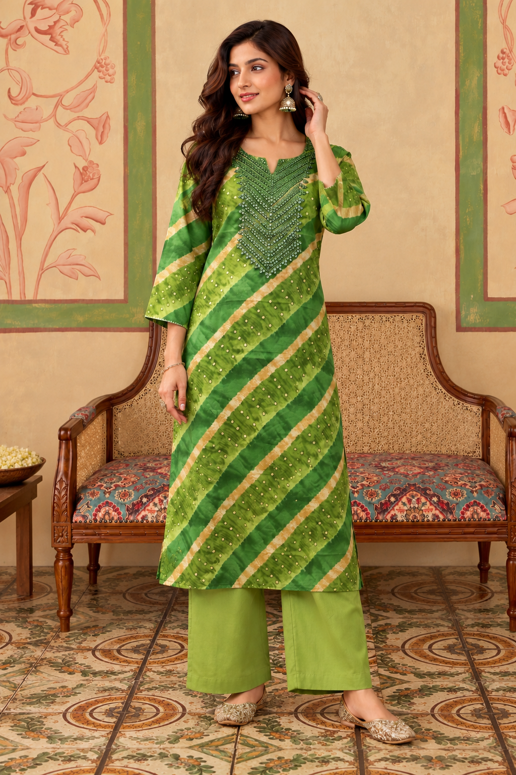 Green Muslin Printed And Mirror Work Kurta Set